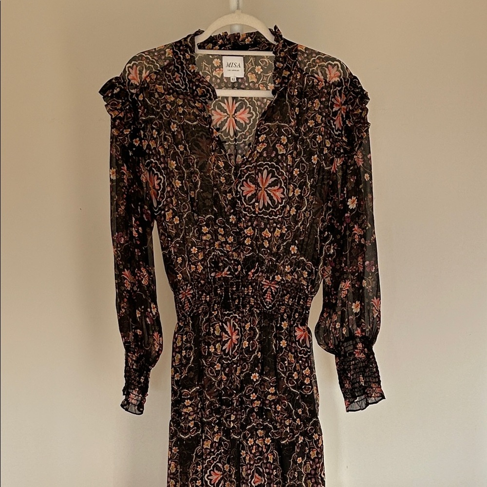 Boho Floral Long Sleeve Maxi Dress - Black with Rust Pink
